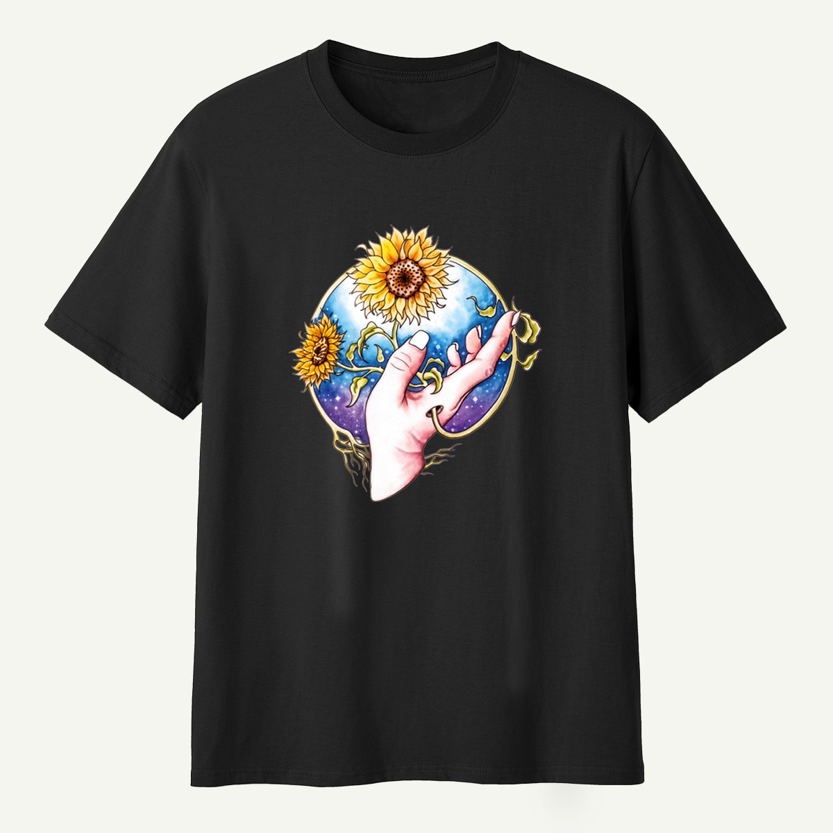 Sunflower Hand Galaxy Botanical Illustration T-Shirt