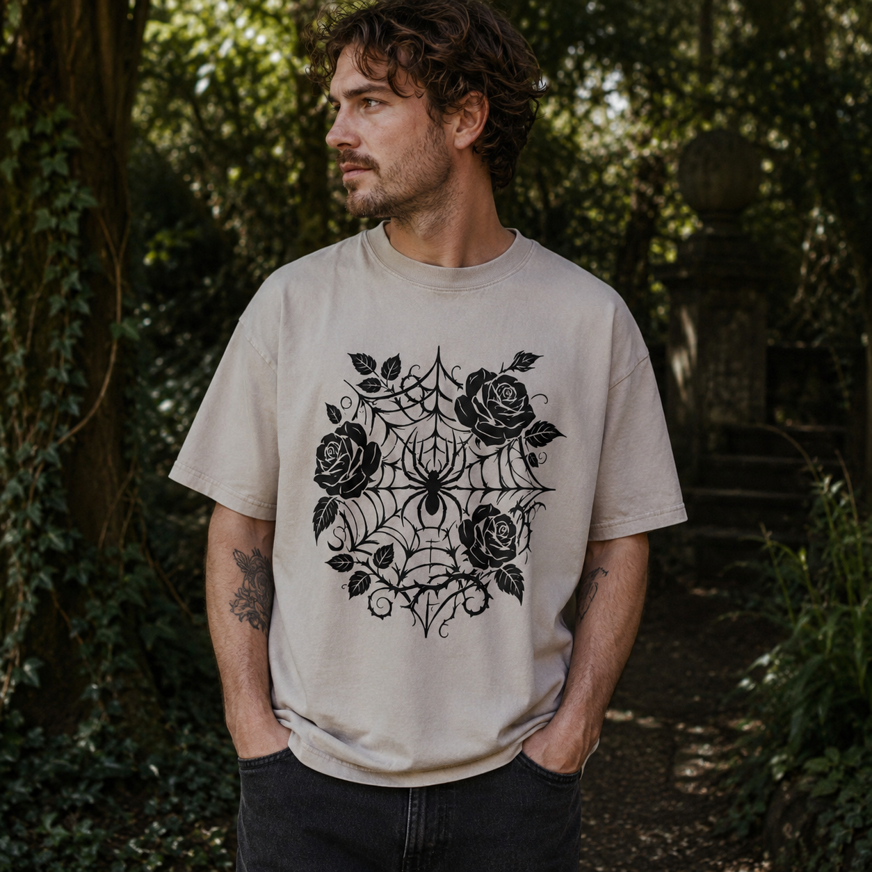 Roses Caught in the Web Washed T-Shirt