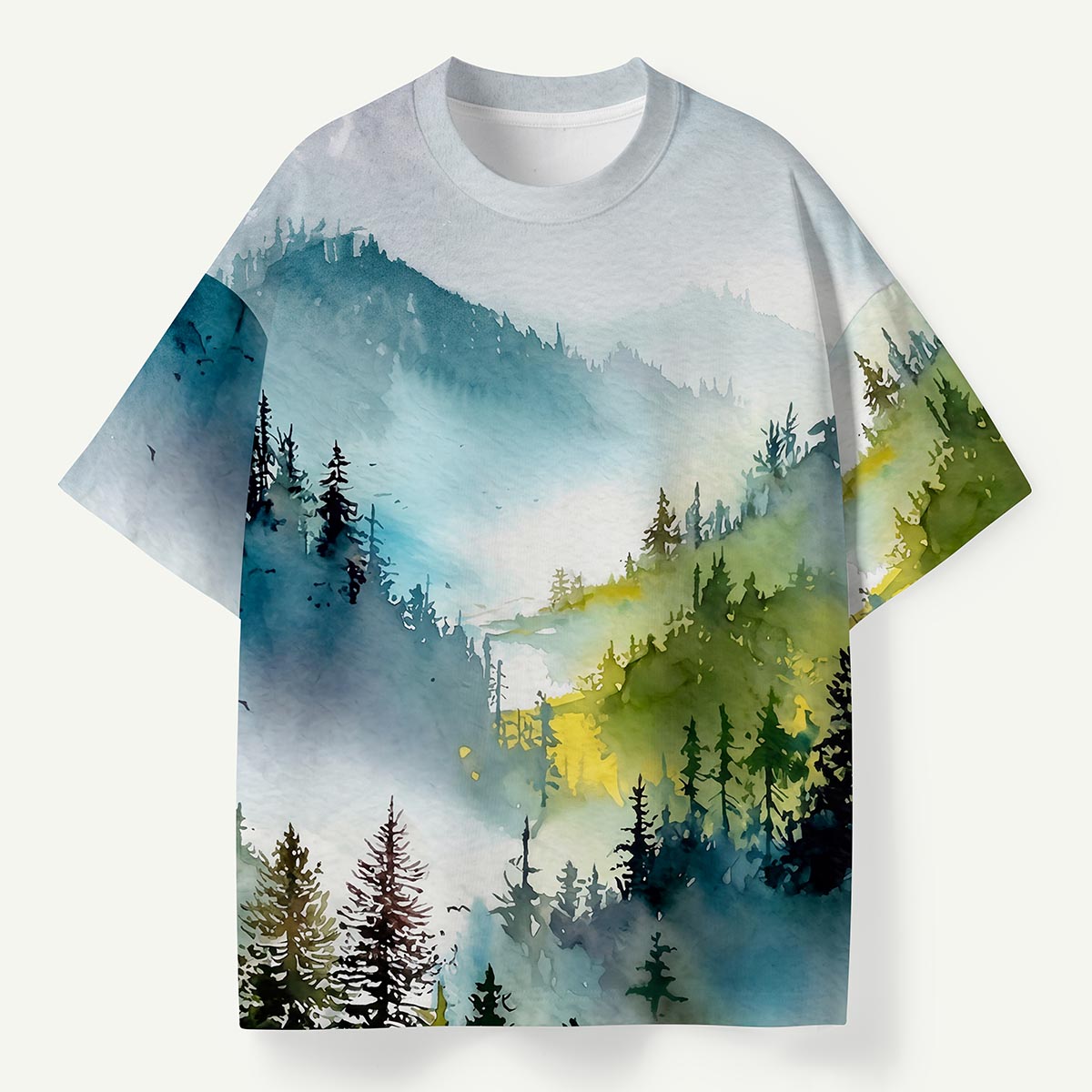 Watercolor Misty Mountain Forest Eco All-Over Print T-Shirt
