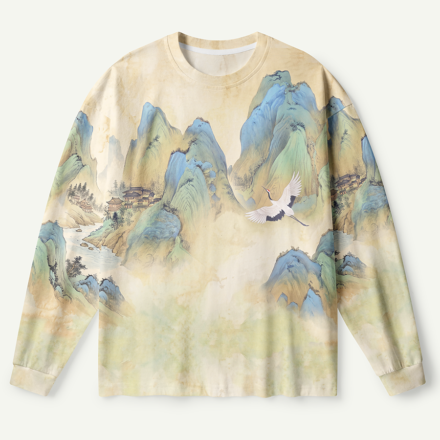 Crane Over Misty Mountains Landscape Art Premium Pure Cotton Long Sleeves