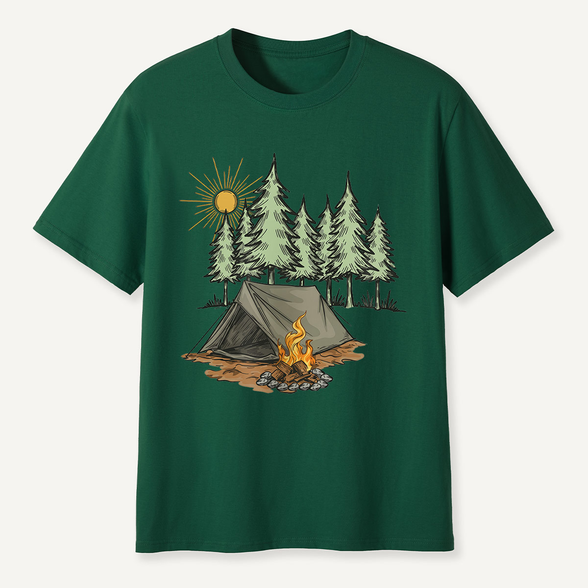 Sunny Forest Tent Campfire Illustration T-Shirt