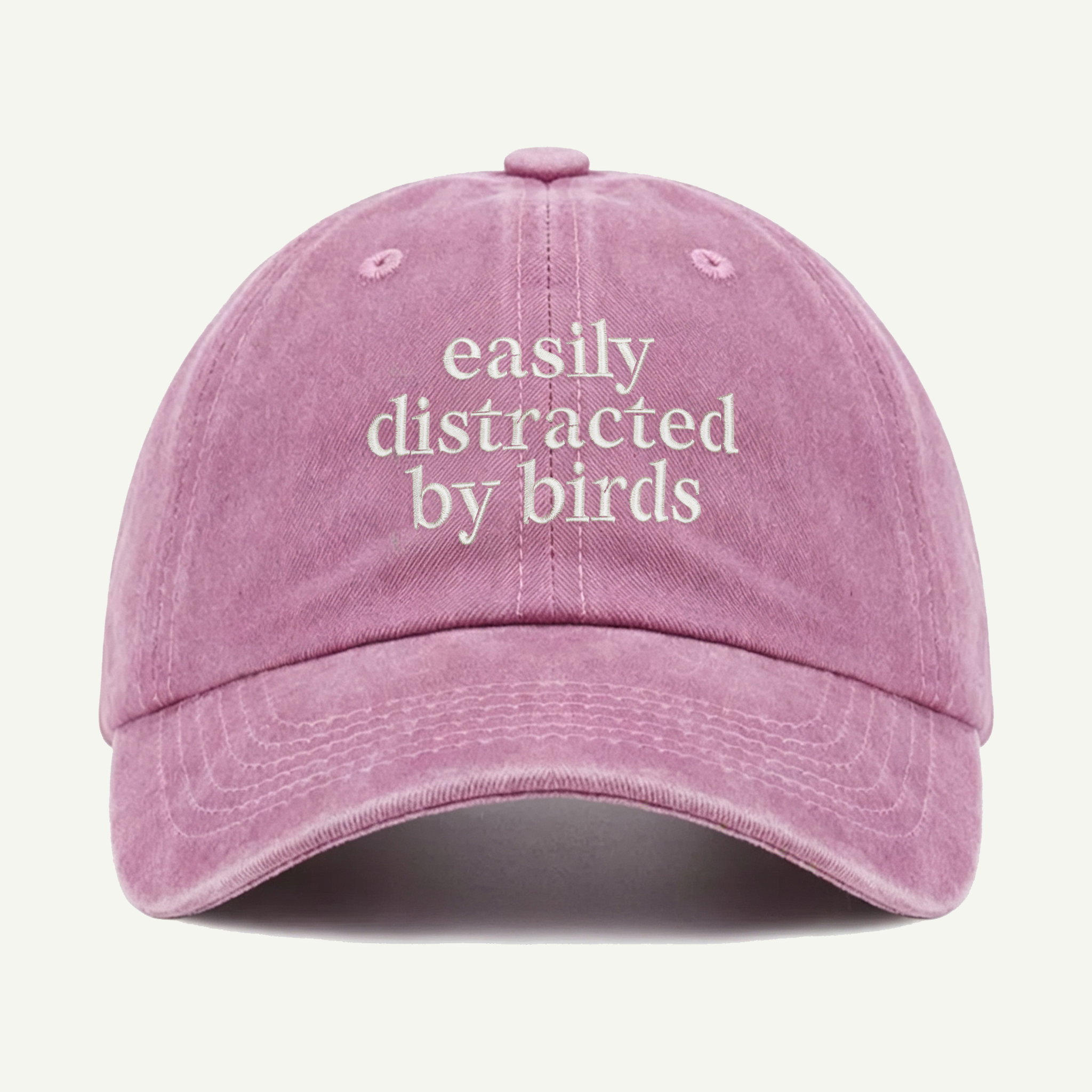 Easily Distracted By Birds Script Washed Embroidered Hat