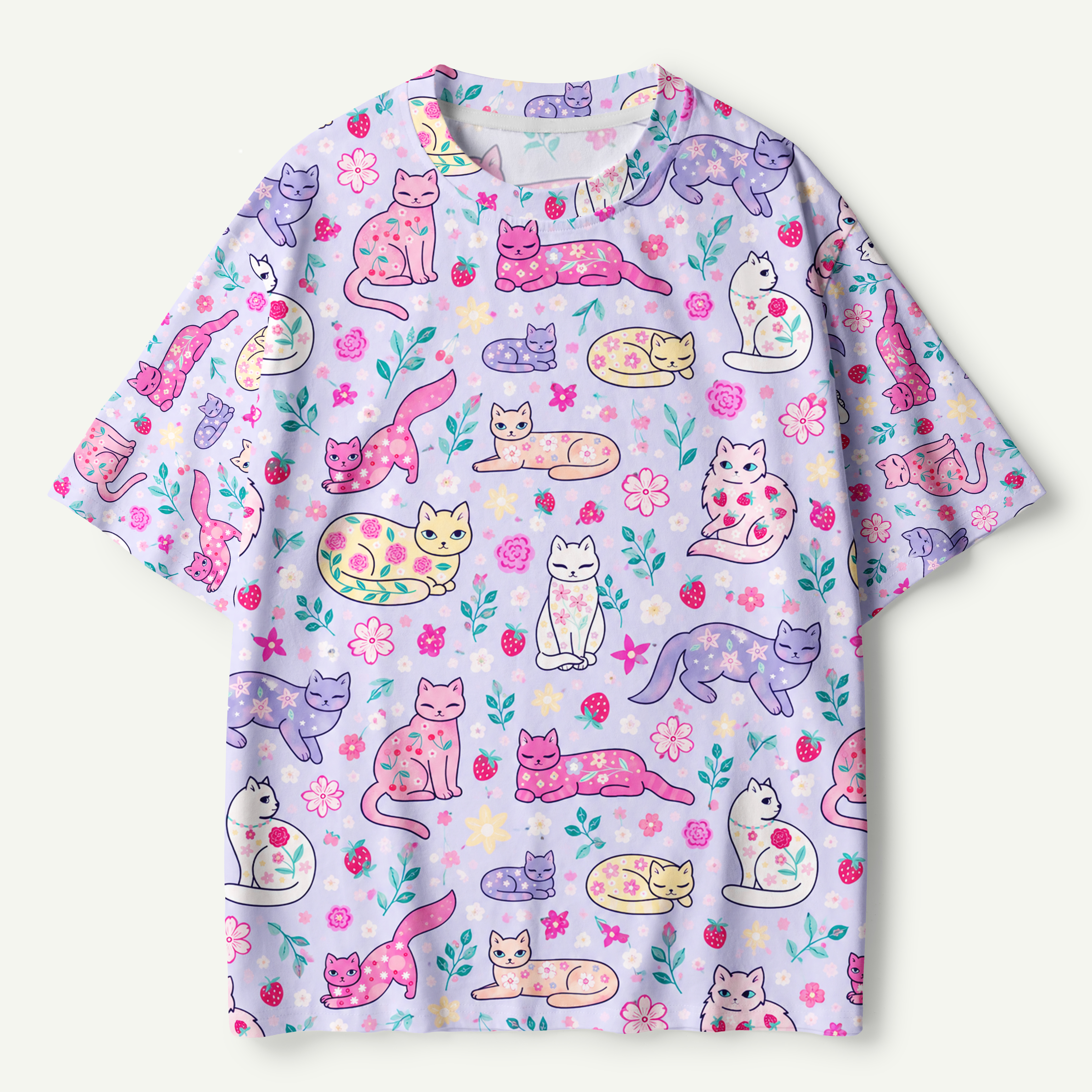 Dreamy Pink Cat Pattern Premium Pure Cotton Tee