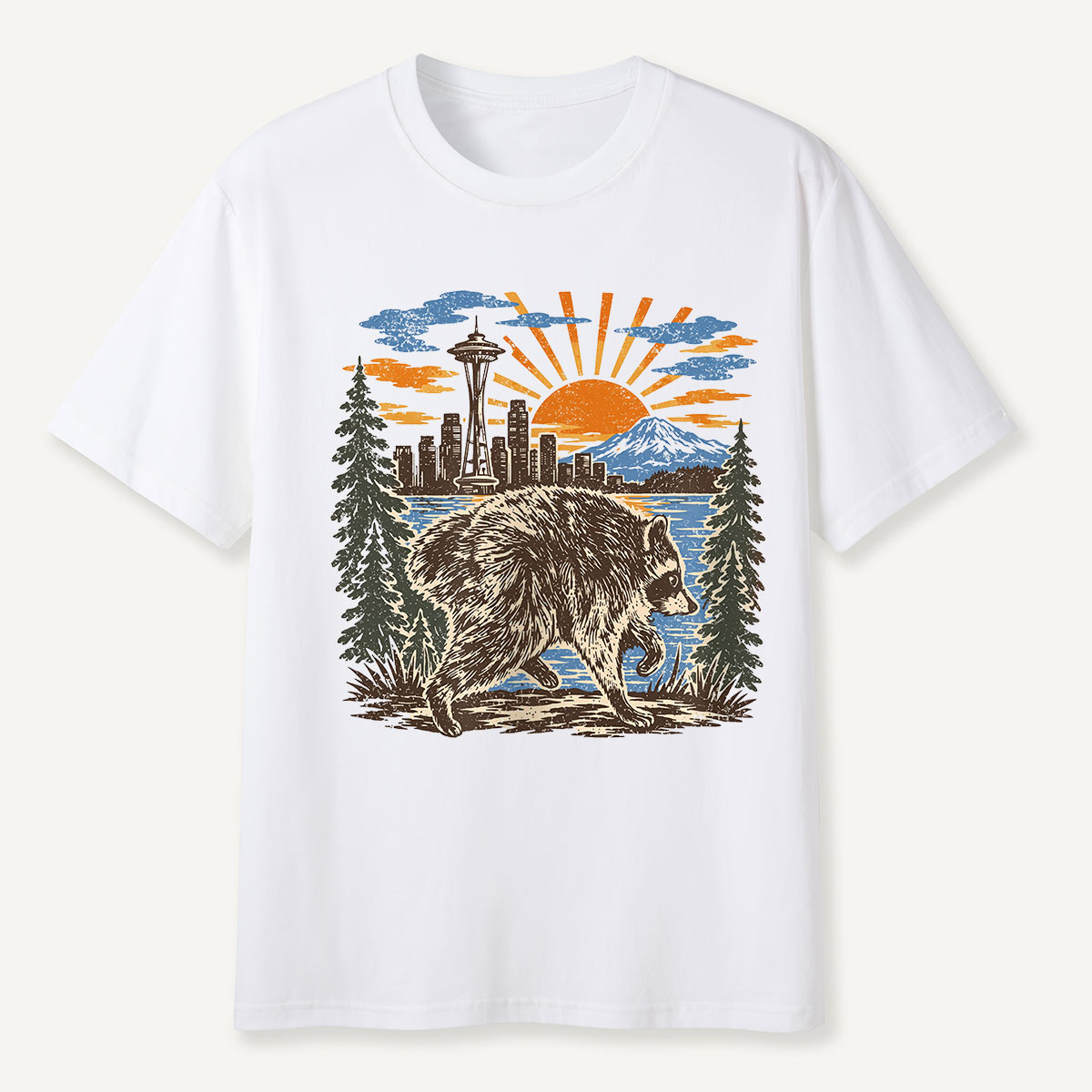 Jimothy Seattle Skyline Sunset Raccoon T-Shirt