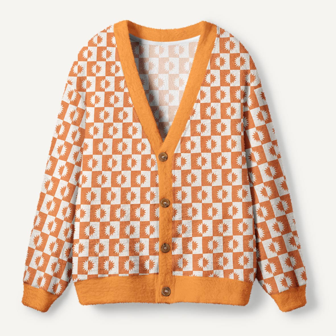 Retro Orange Sun Checkerboard Geometric Pattern Ugly Cardigan Sweaters