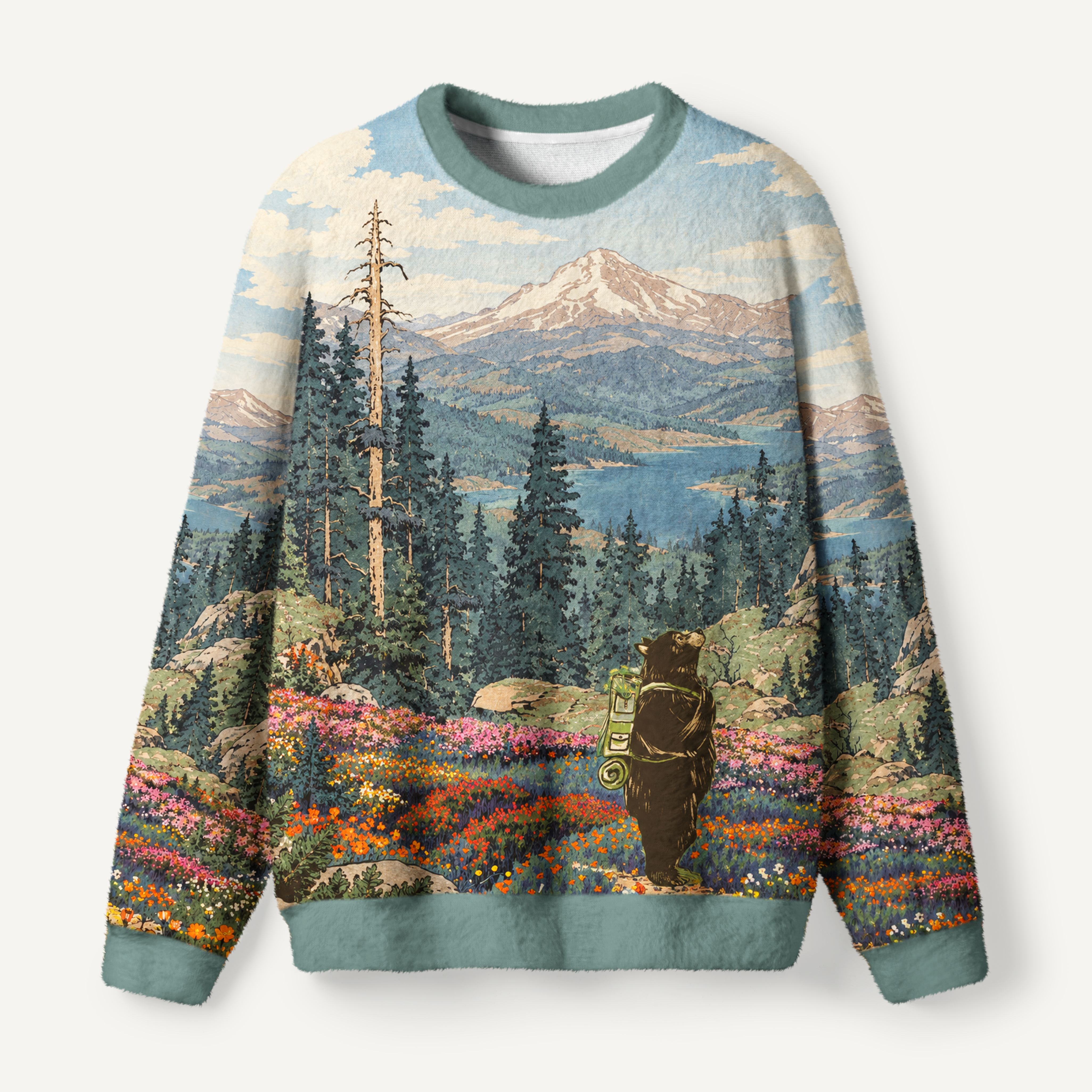 Bear In Wildflower Mountain Valley Ugly Fuzzy Fleece Sweatshirt