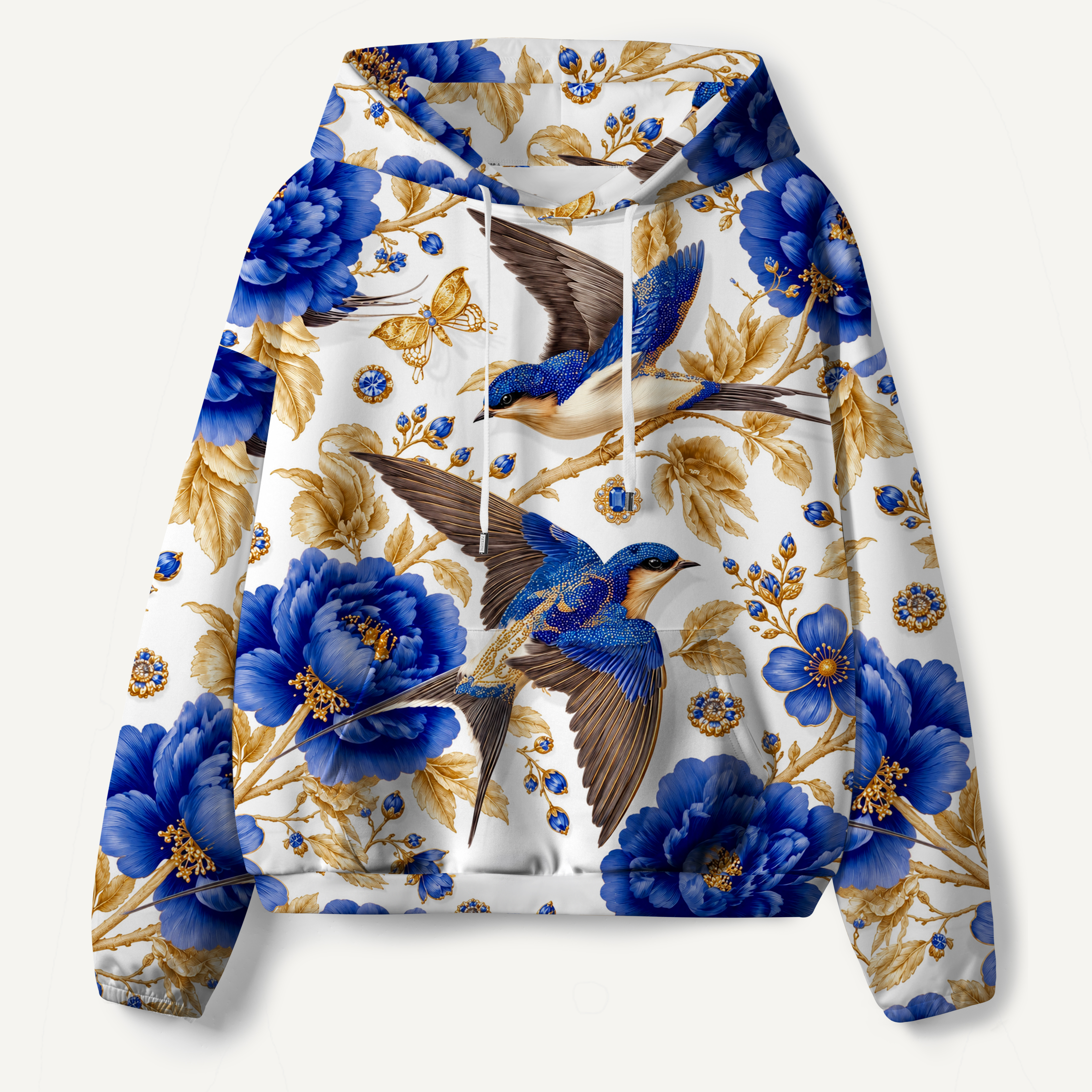 Indigo Birds And Peonies Pattern All-over Printed Hoodie