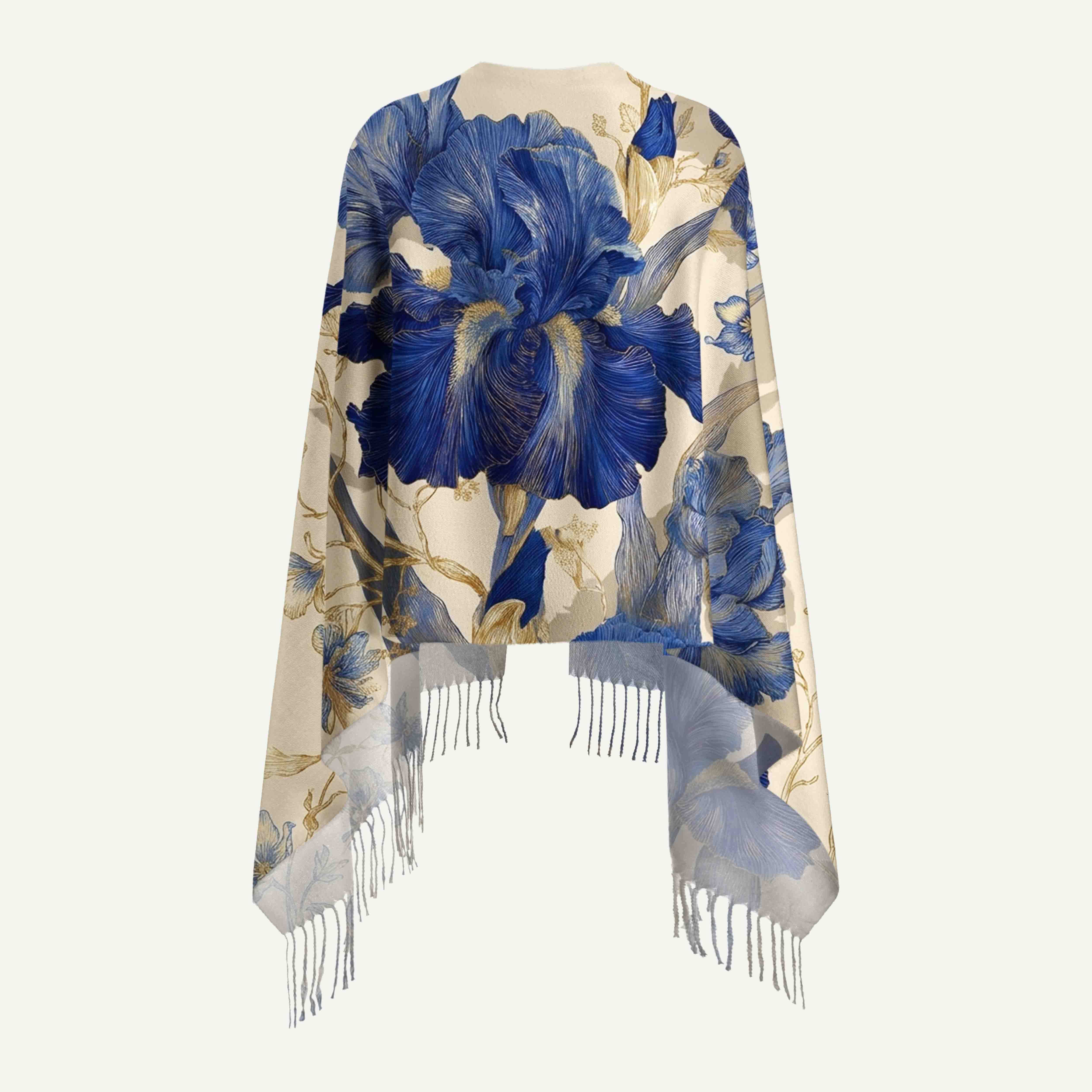 Blue Iris Botanical Long Cashmere Scarf with Tassels