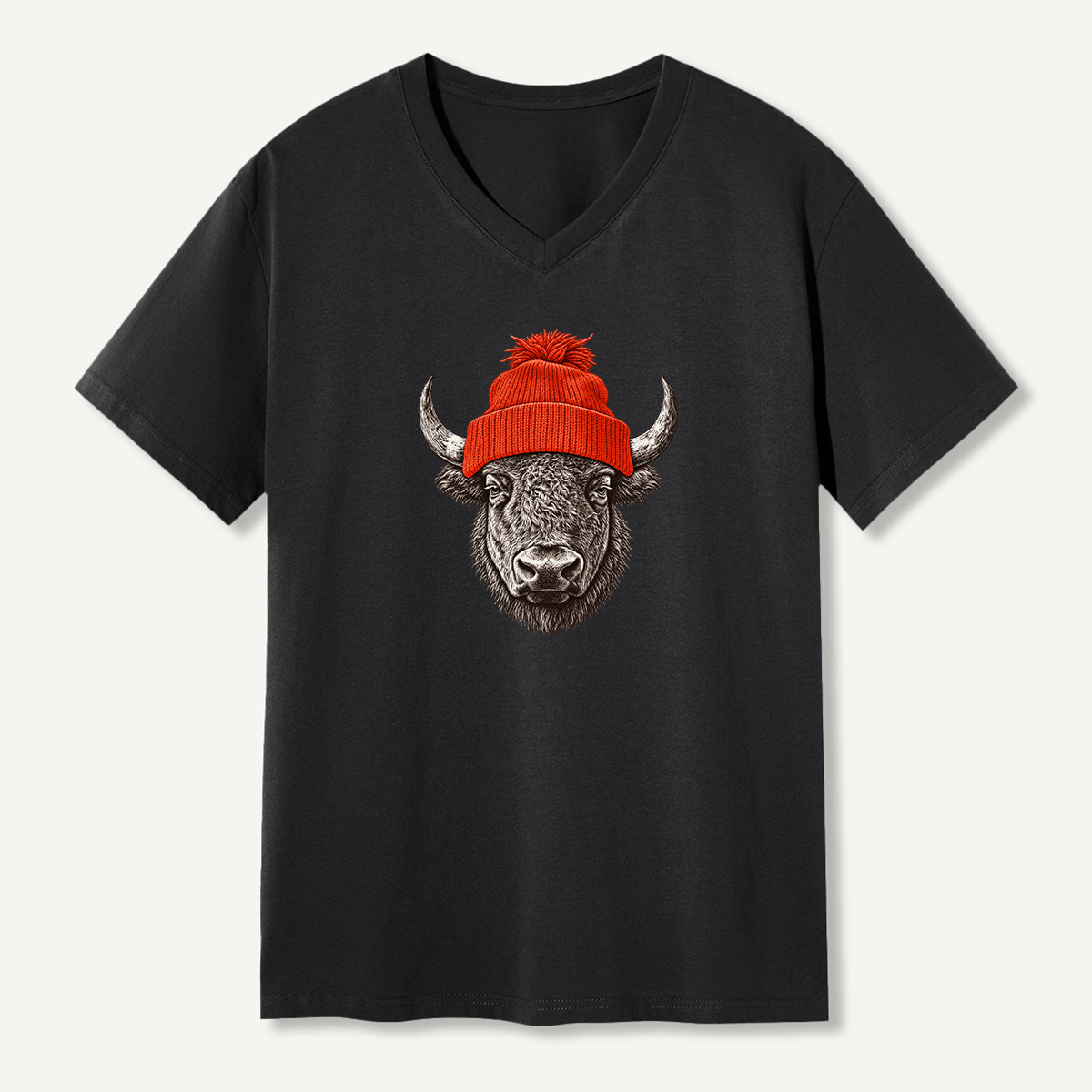 Winter Beanie Bison Portrait V-neck T-Shirt