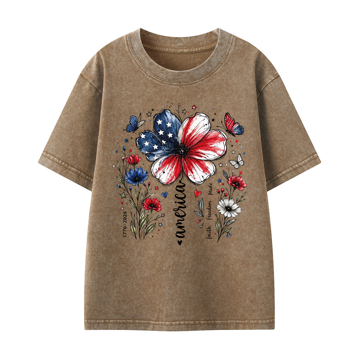 USA 250th Anniversary Floral Kids Washed T-Shirt