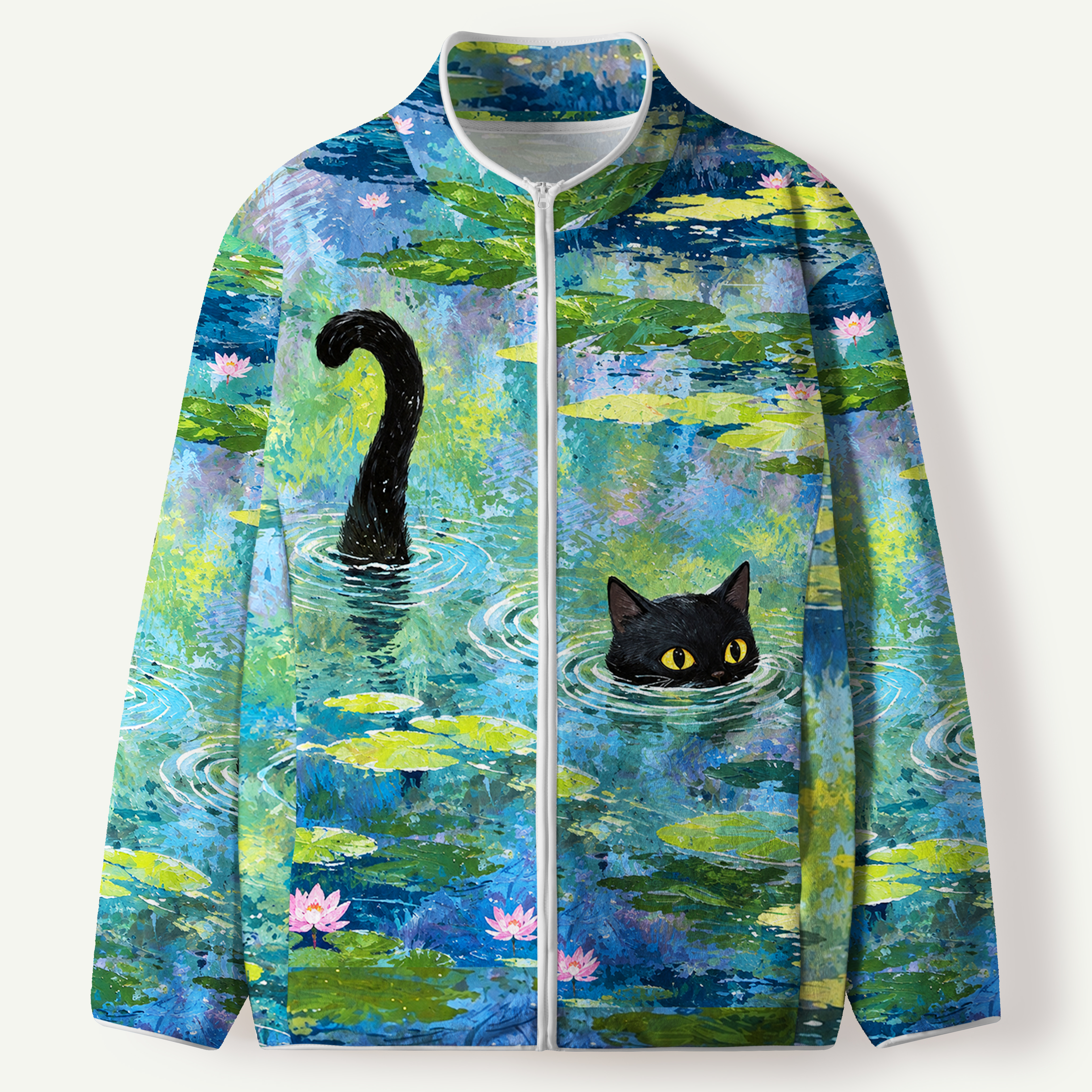 Black Cat Swimming In Lily Pond Women's Flannel Zip Front Cardigan