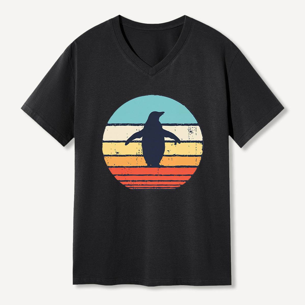 Lone Penguin Retro Sunset V-neck T-Shirt