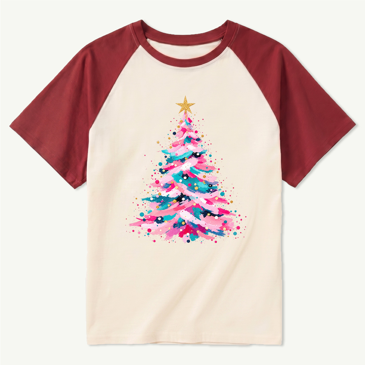 Pastel Pink And Blue Christmas Tree Oil Painting Raglan T-Shirt