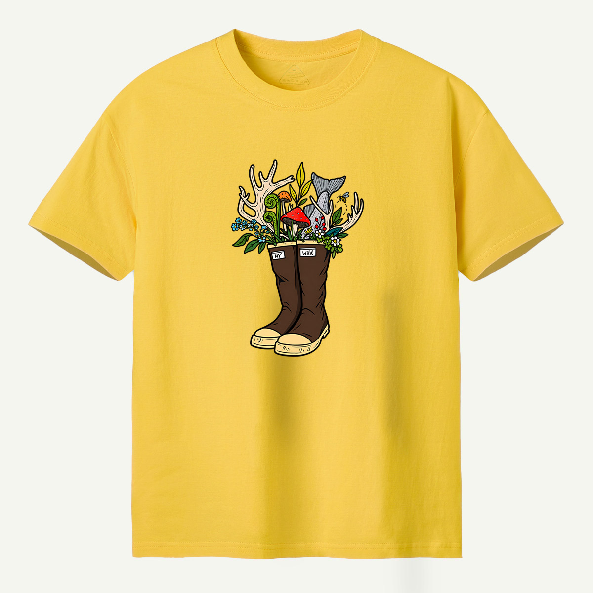 Wild Boots Antlers Mushroom Forest Botanical Arrangement T-Shirt