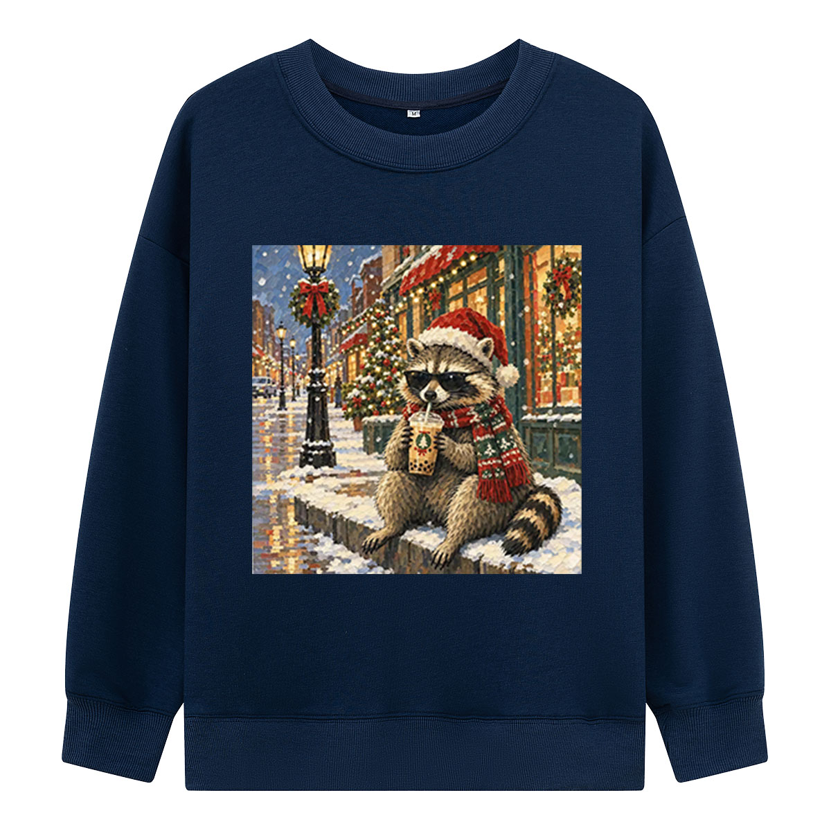 Cool Christmas Raccoon Drinking Boba On A Snowy Street Sweatshirts