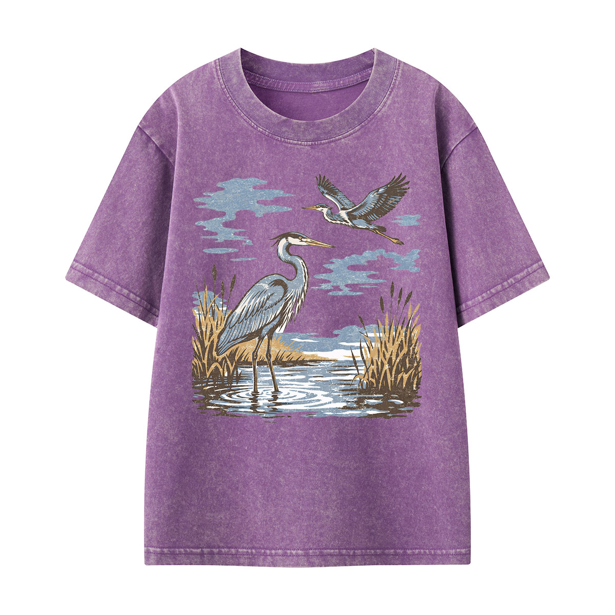Vintage Heron Wetland Bird Nature Kids Washed T-Shirt