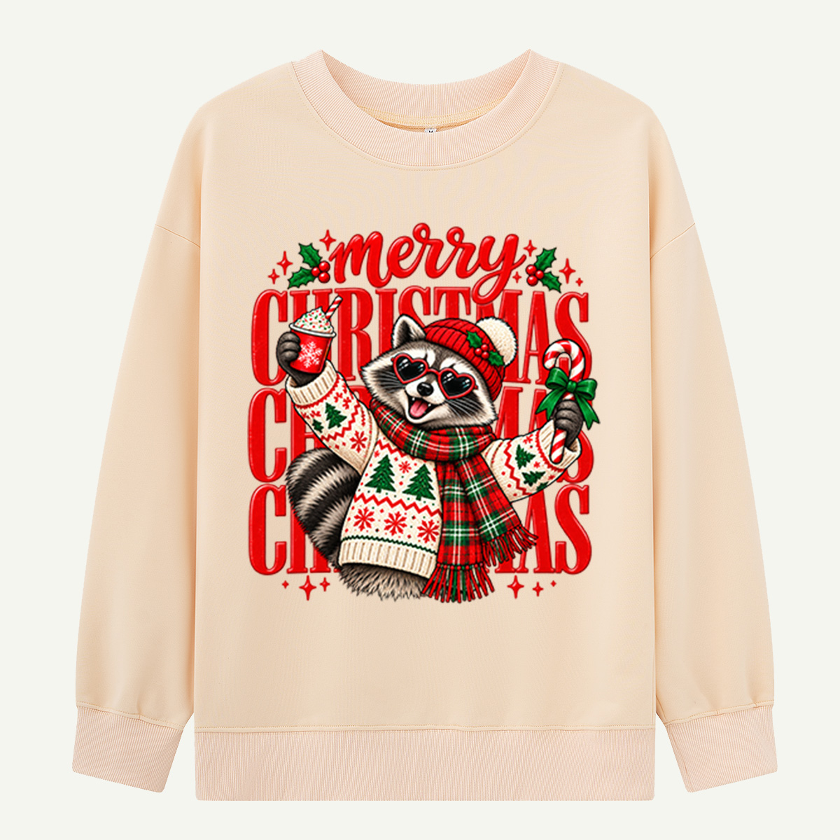 Merry Christmas Raccoon In Heart Sunglasses And Cozy Sweater Sweatshirts