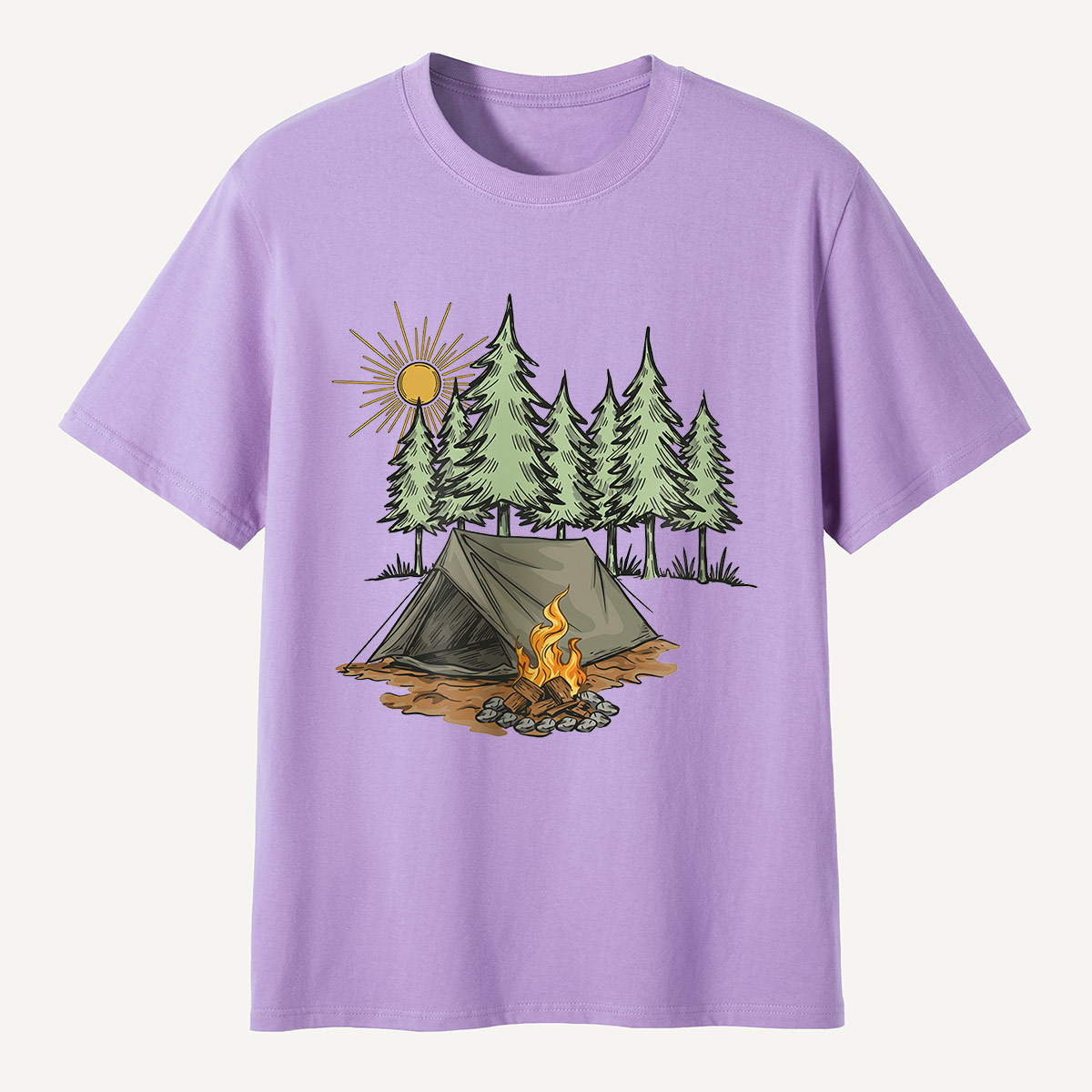 Sunny Forest Tent Campfire Illustration T-Shirt
