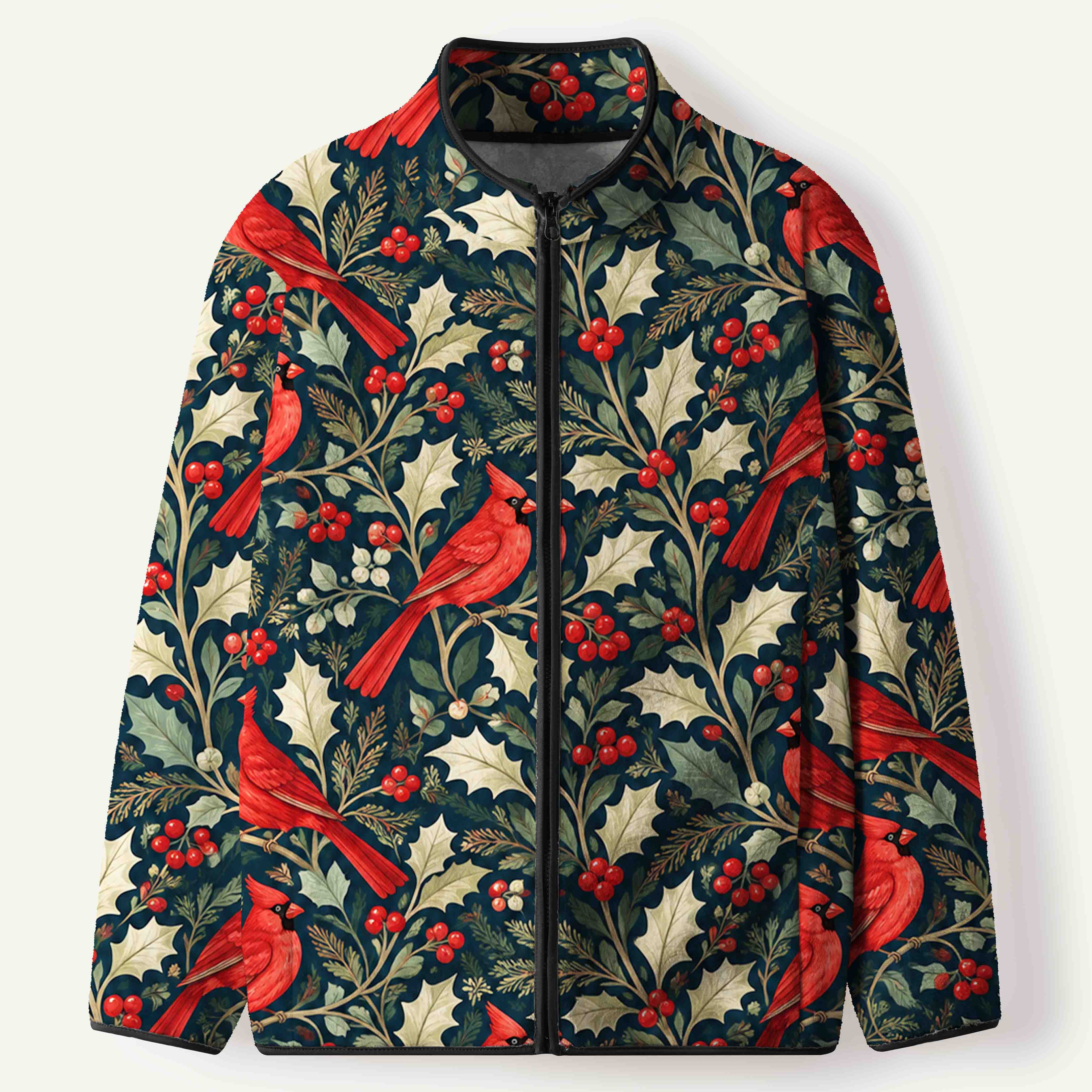 Cardinal Holly Christmas Garden Men's Flannel Zip Front Cardigan