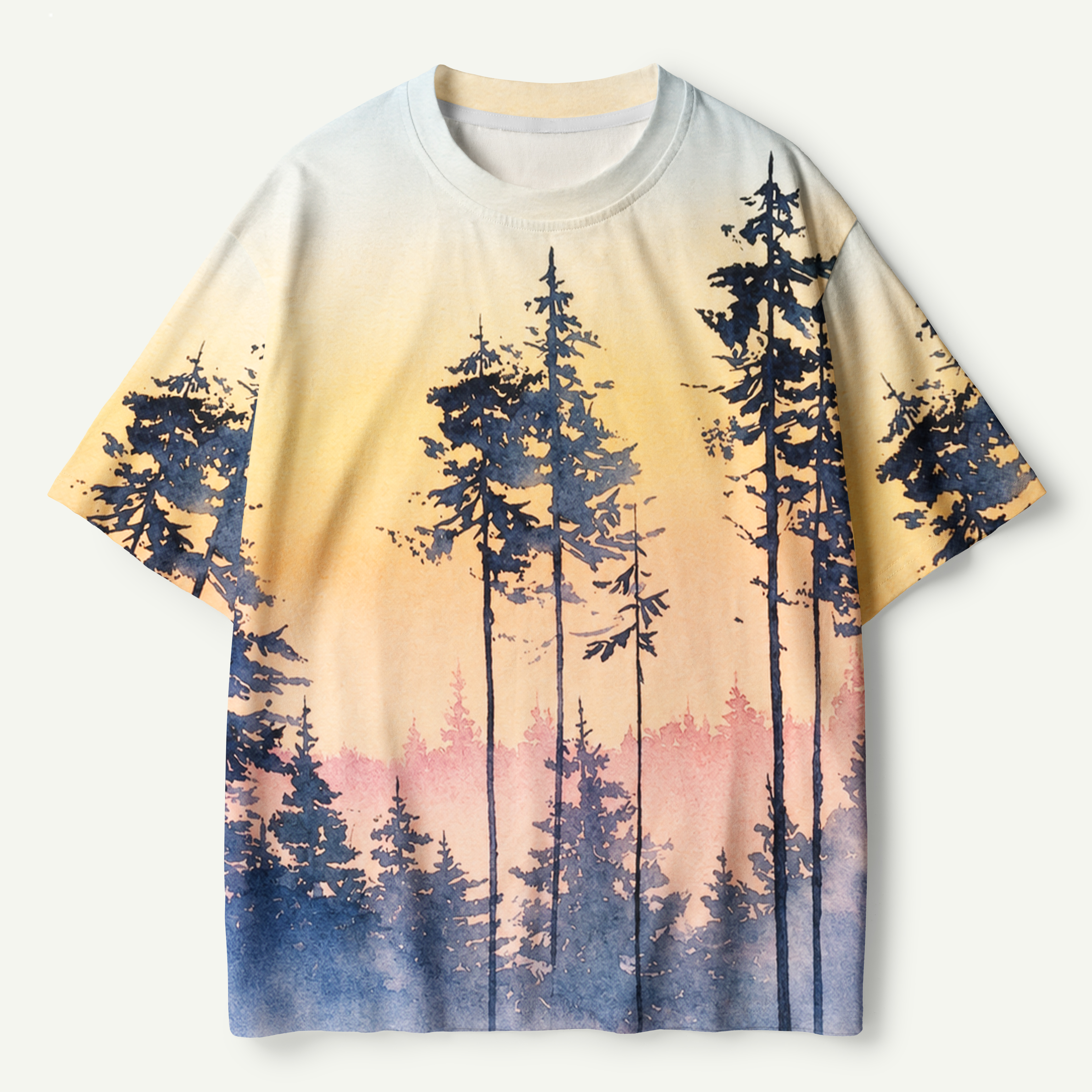 Golden Hour Pine Lake Watercolor Premium Cotton Tee