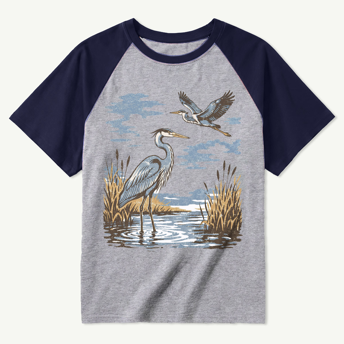 Vintage Heron Wetland Bird Nature Raglan T-Shirt