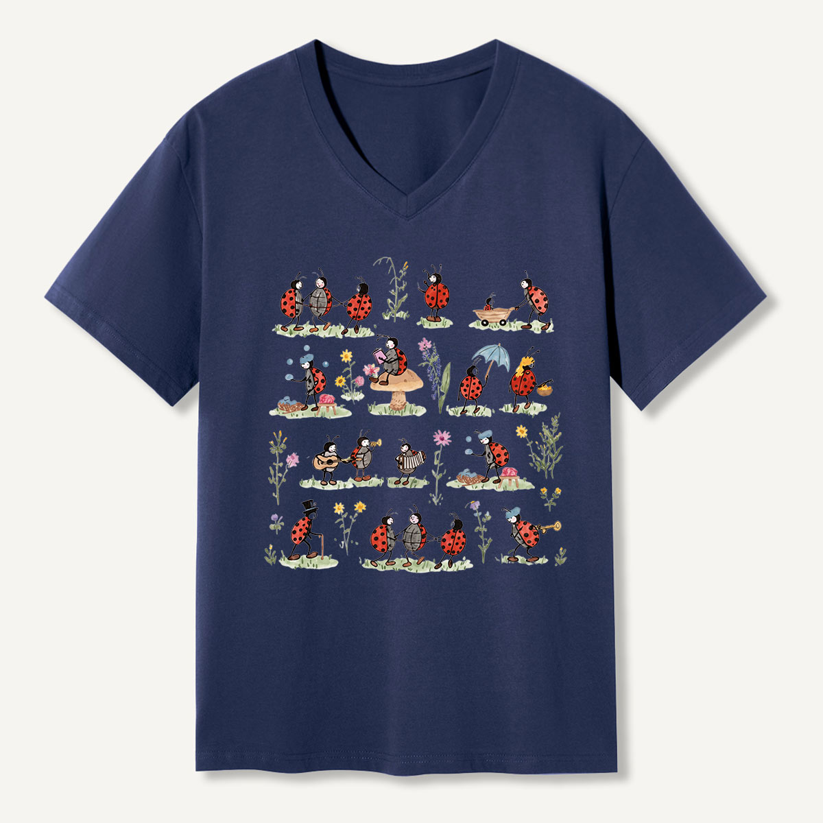 Ladybug and Flower Tee Washed V-neck T-Shirt