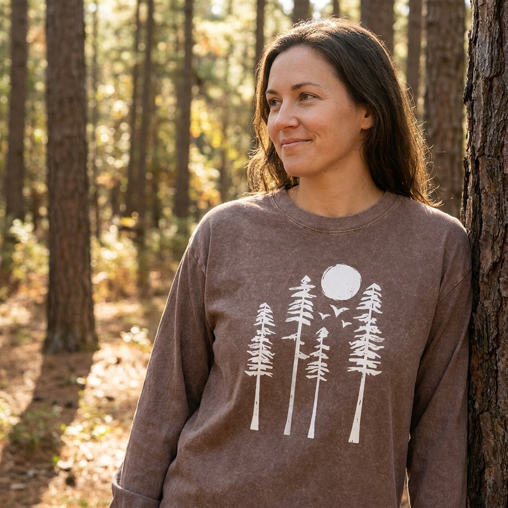 Moon Over the Pine Trees Washed Long Sleeves