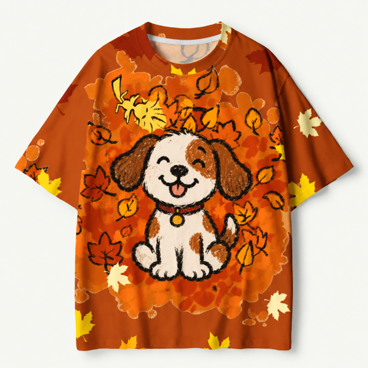 Happy White Dog In Autumn Leaves Fall Art Premium Cotton Tee