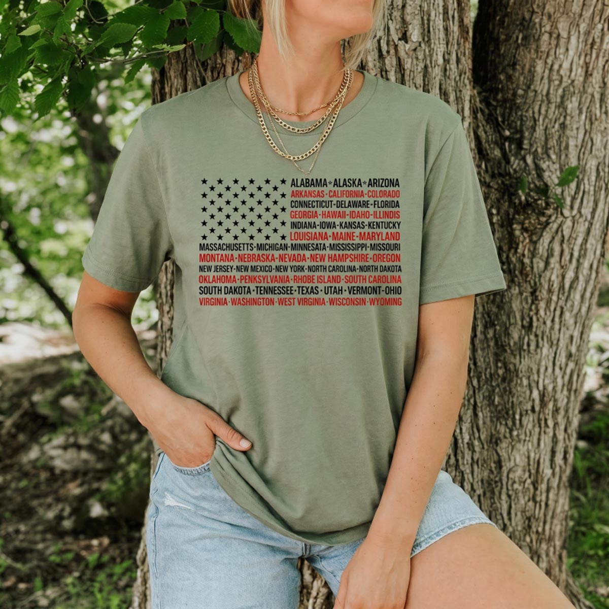 United States Flag with All 50 States Names T‑Shirt