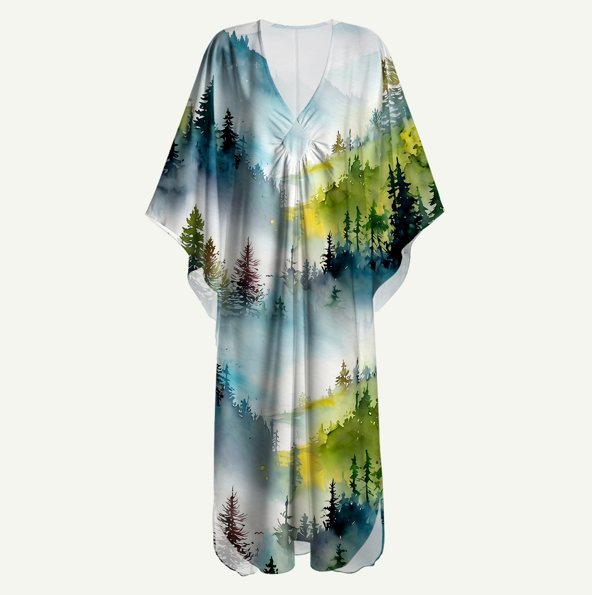 Watercolor Misty Mountain Forest Sleeve Kaftan Dress