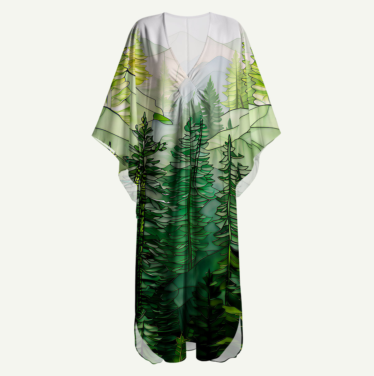 Pine Trees and Mountain Haze Sleeve Kaftan Dress