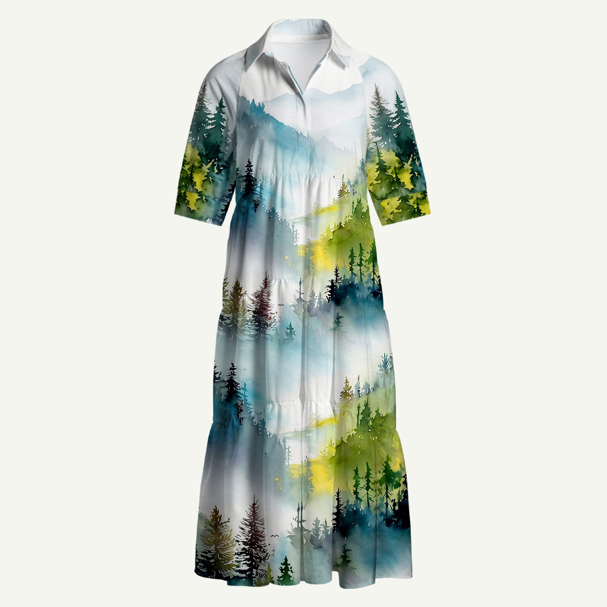 Watercolor Misty Mountain Forest Midi Dress With Pockets