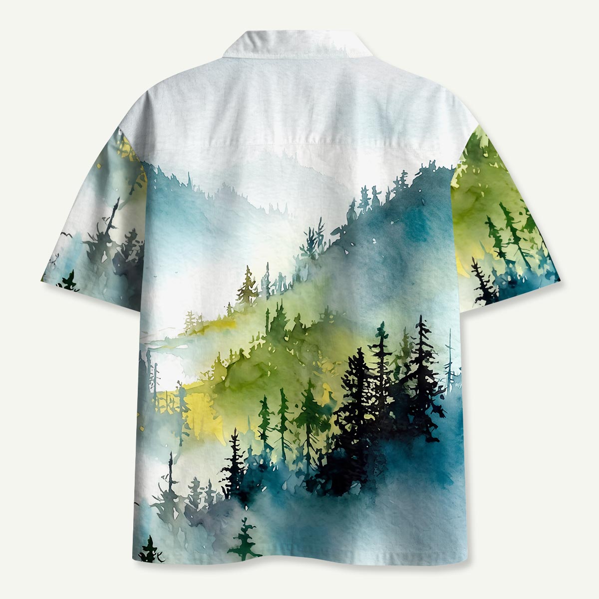 Watercolor Misty Mountain Forest Hawaii Button Up Pocket Shirt