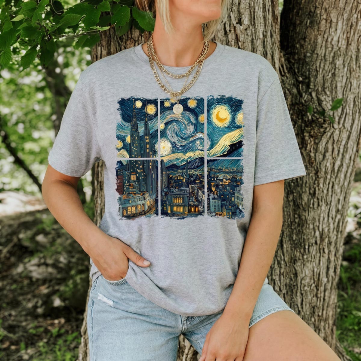 Swirl Night Sky Cityscape T-Shirt