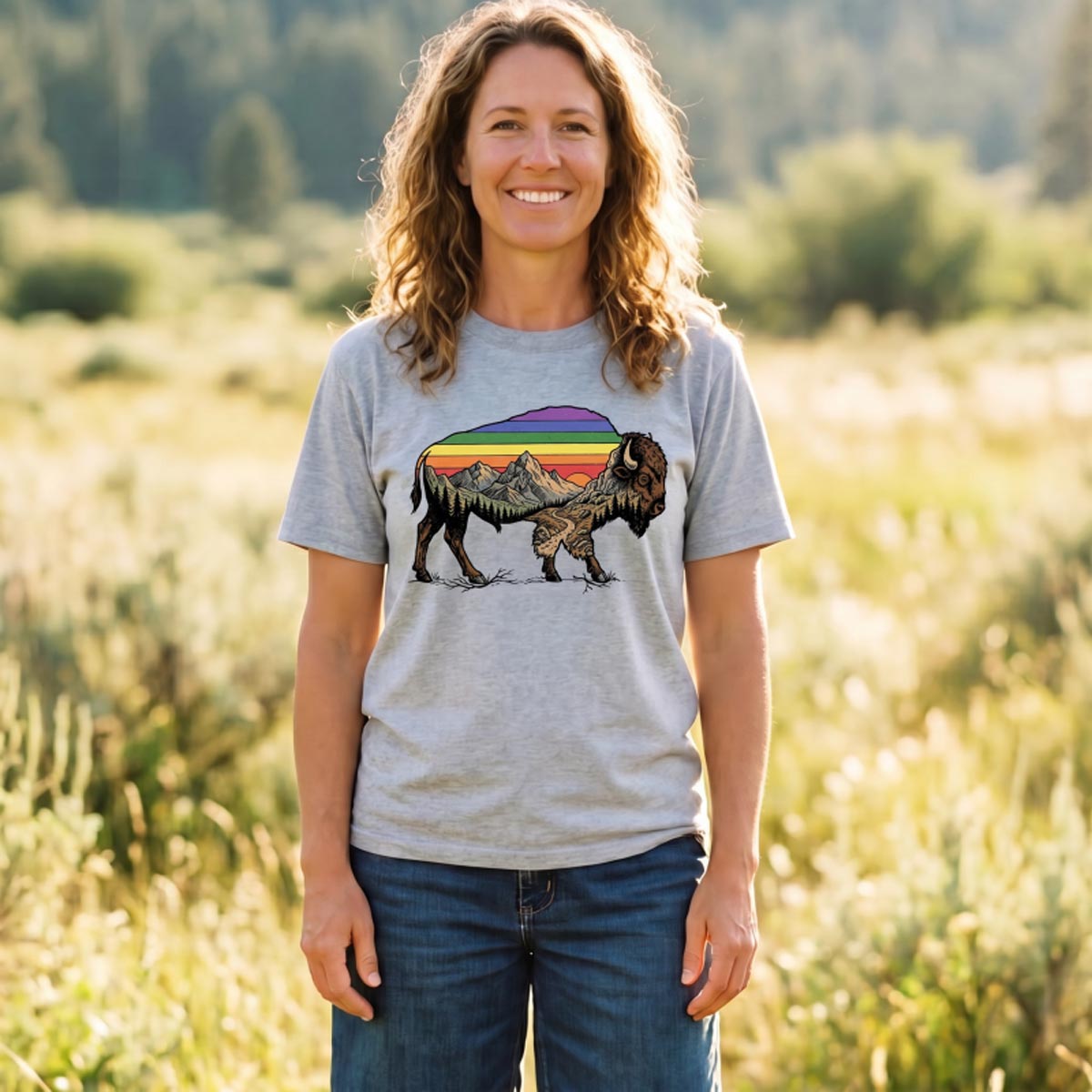 Mountain Sunset Bison Silhouette T-Shirt