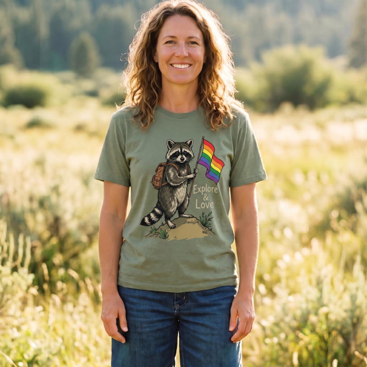 Raccoon Holding Rainbow Flag Explore and Love T-Shirt