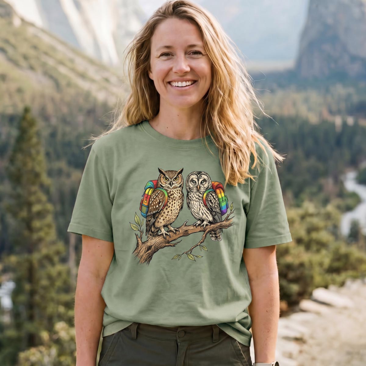 Couple Owls on Branch with Rainbow Backpacks T-Shirt