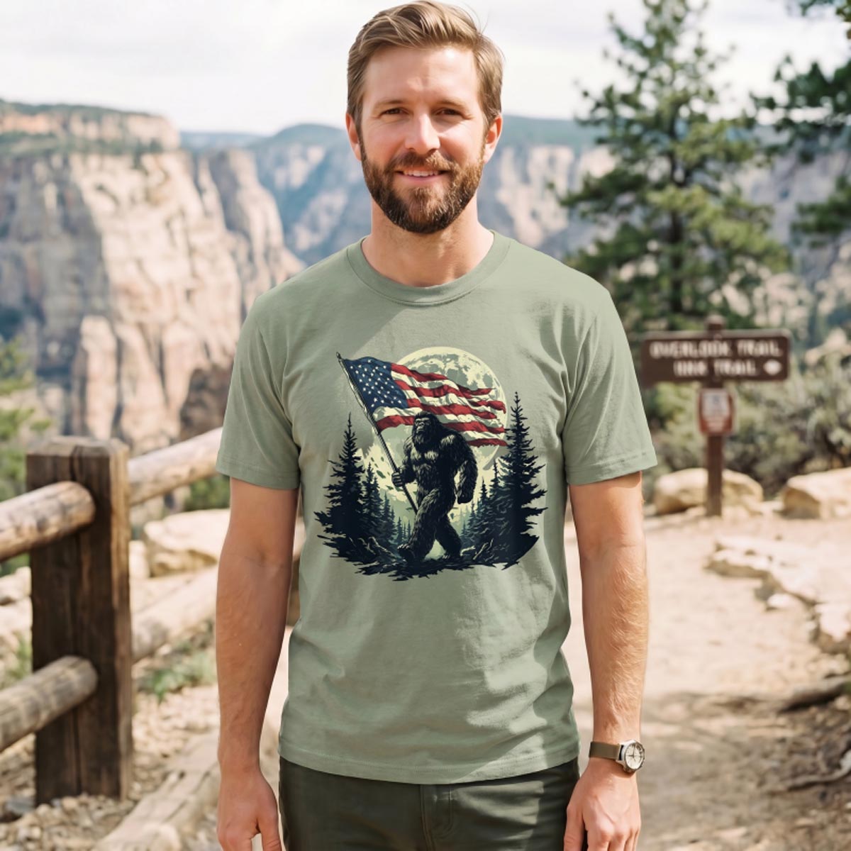 Forest Moon Cryptid with American Flag T-Shirt