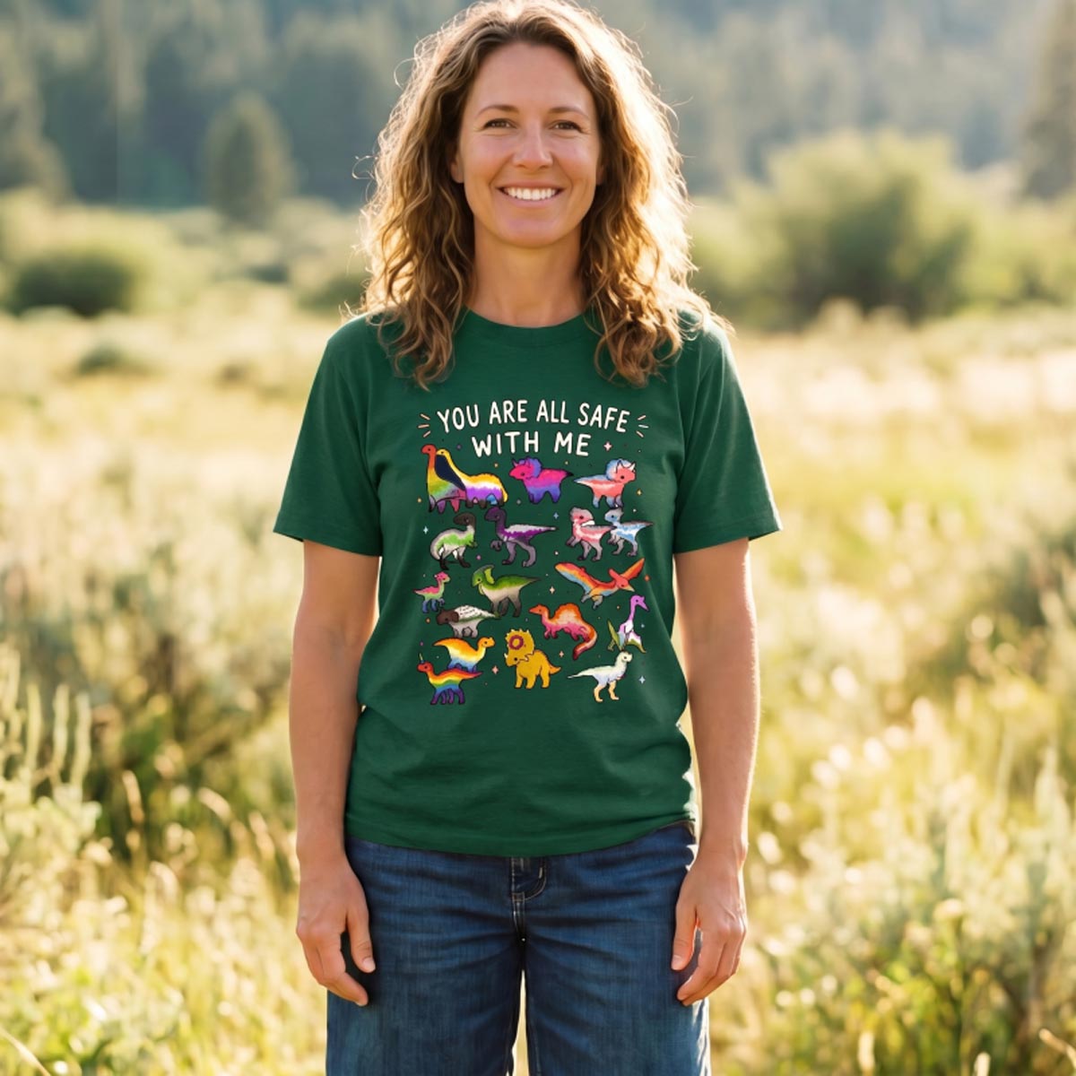 You Are Safe With Me Rainbow Dinosaur T-Shirt