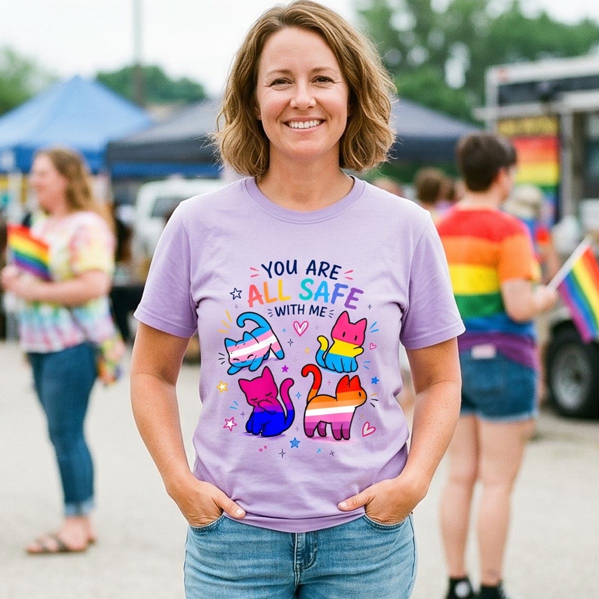 You Are All Safe With Me Rainbow Cat T-Shirt