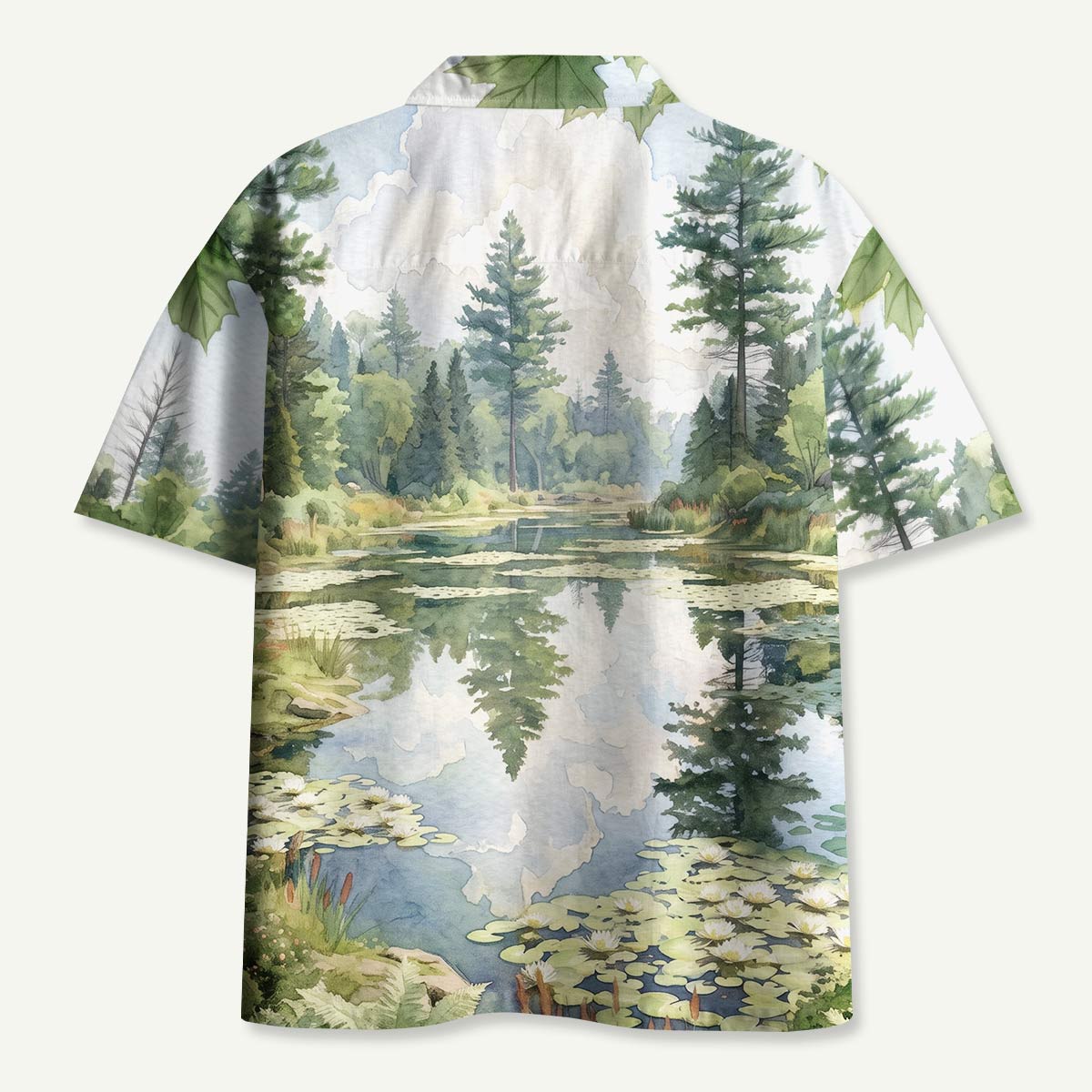 Watercolor Forest Lake Hawaii Button Up Pocket Shirt