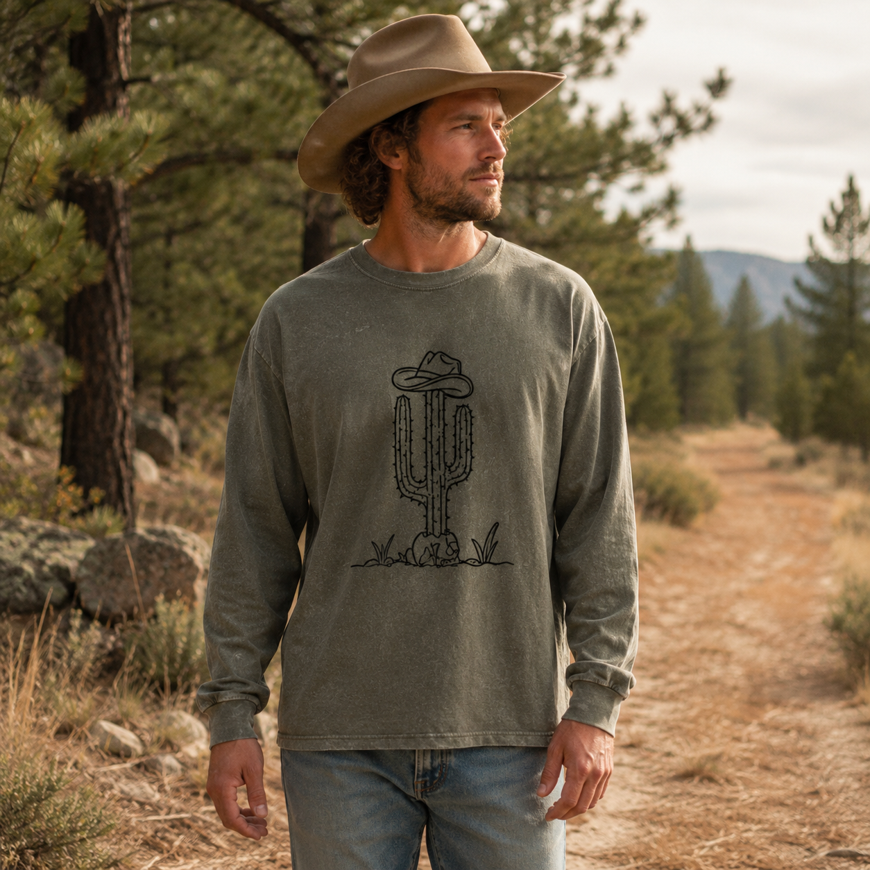Cowboy Cactus Keeps Watch Washed Long‑sleeve
