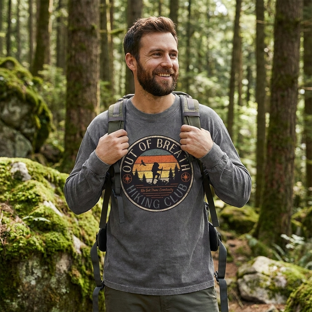 Out Of Breath Hiking Club We Got There Eventually Washed Long Sleeves