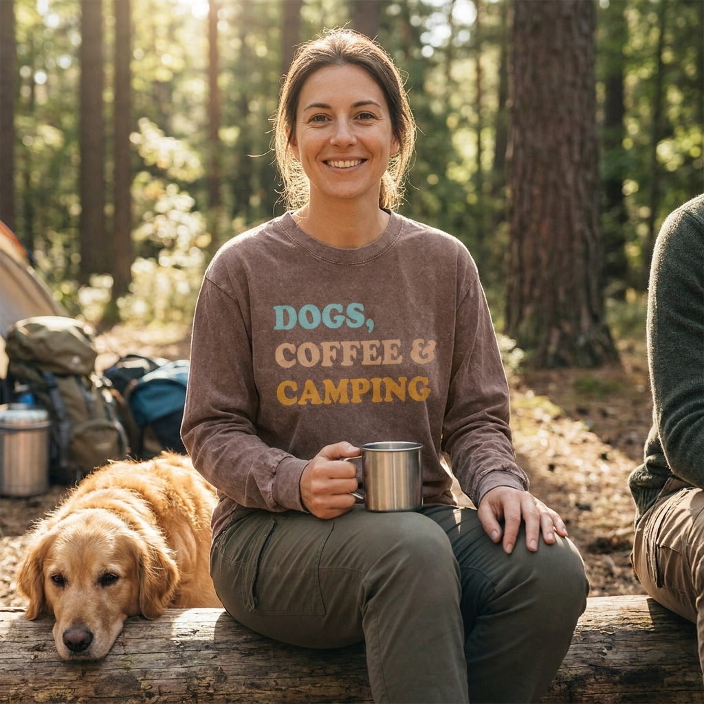 Dogs Coffee And Camping Washed Long Sleeves