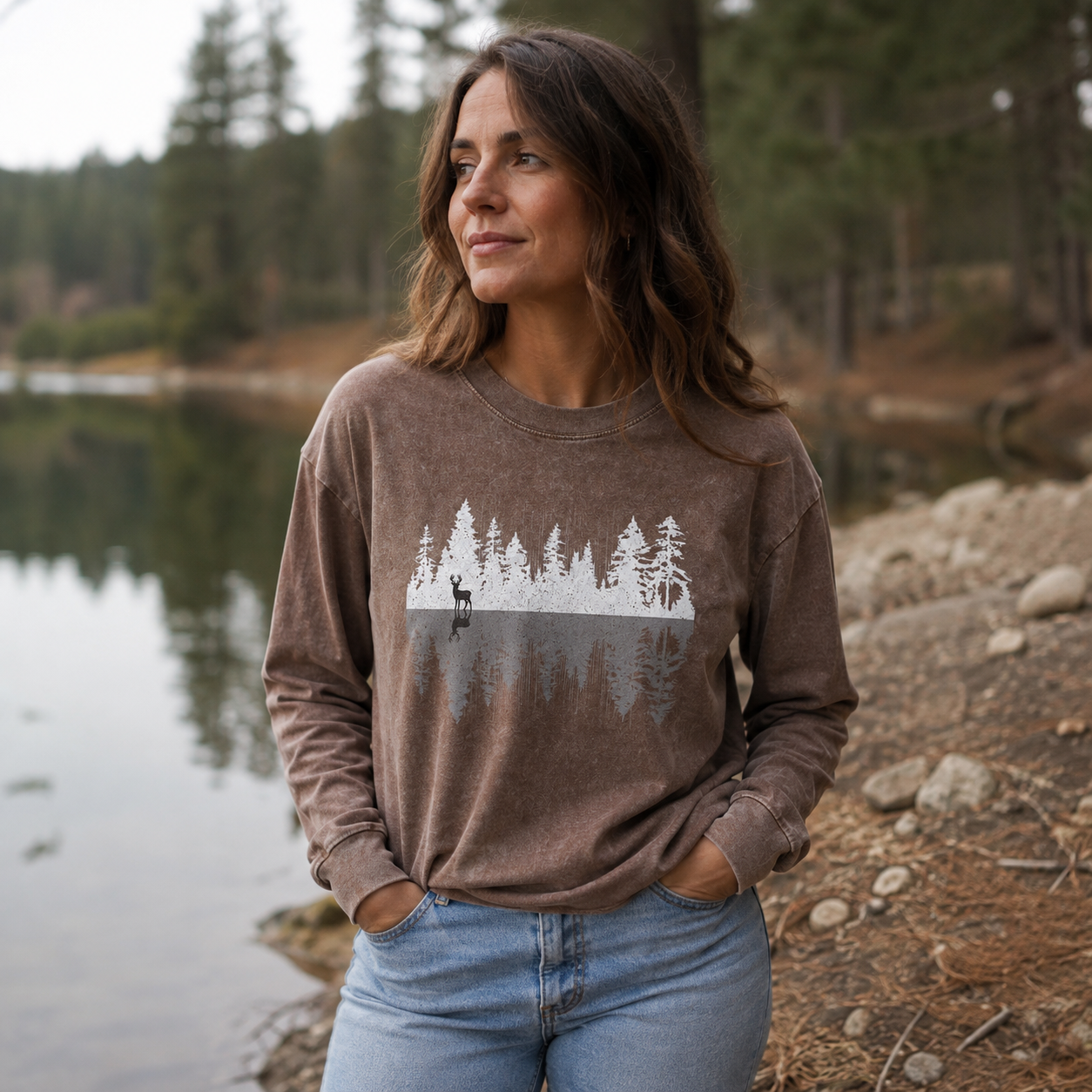 Deer by the Forest Lake Washed Long Sleeves