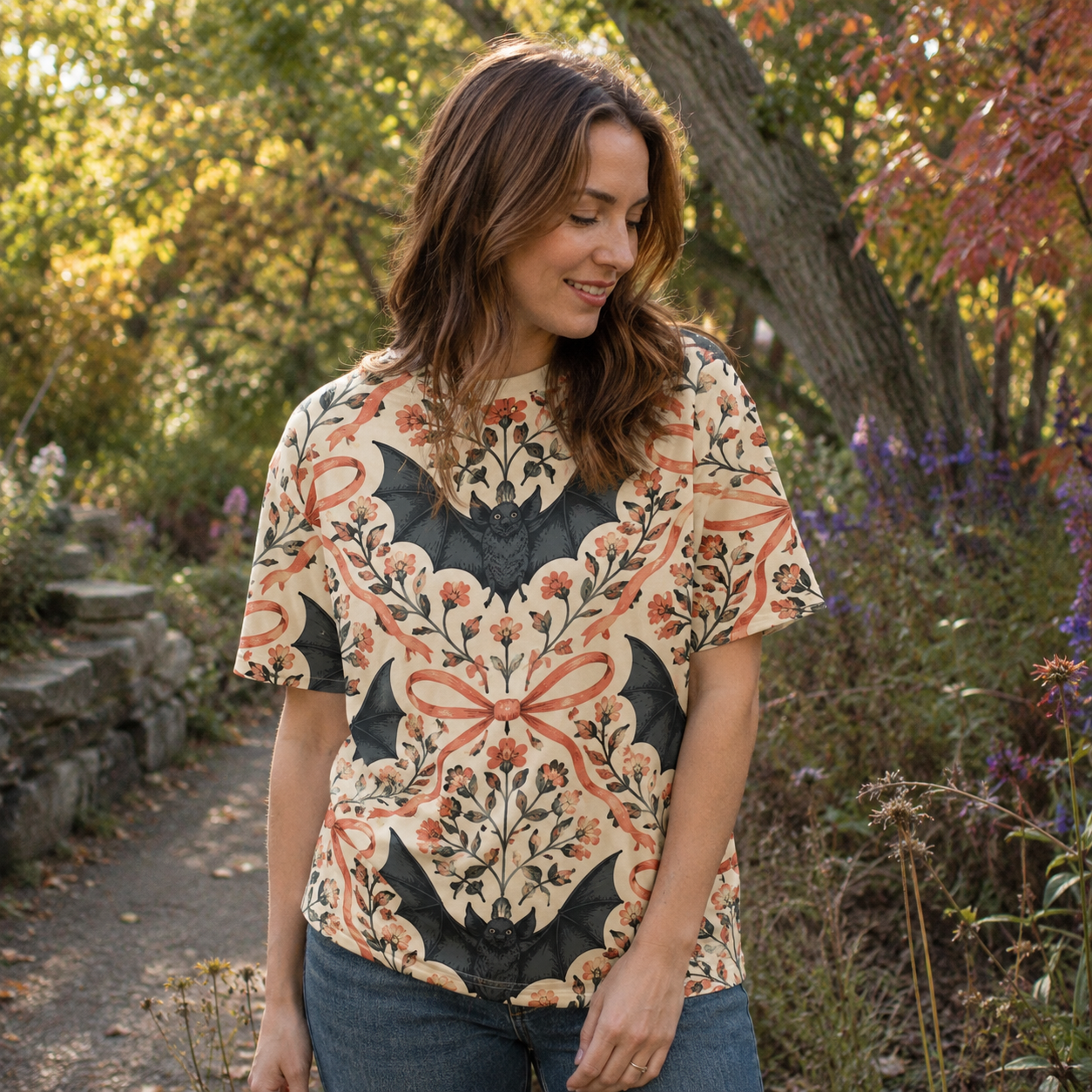 October Spiderweb Bat Pattern Premium Pure Cotton Tee