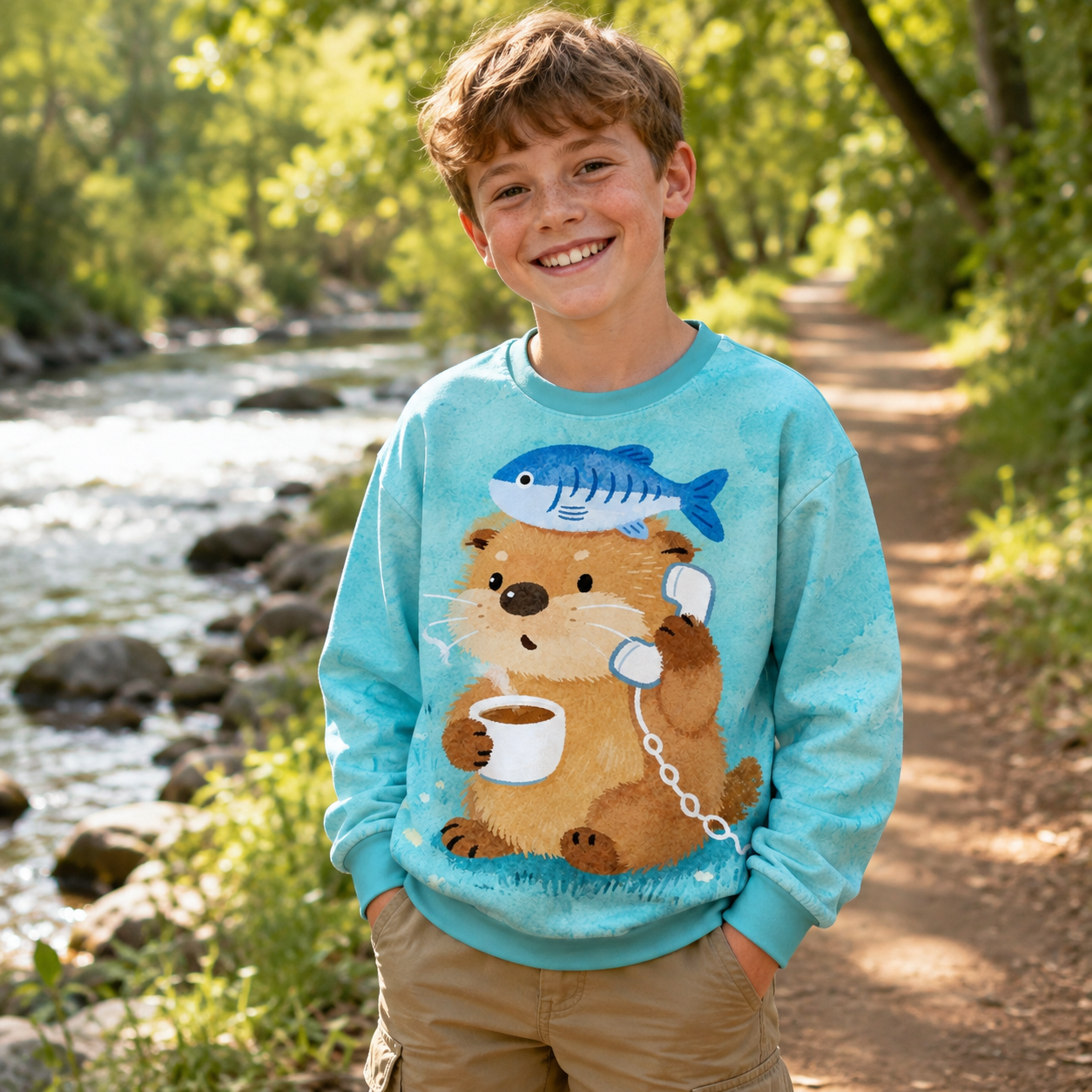 Coffee Break Otter With Fish Hat Kids All-over Printed Sweatshirt