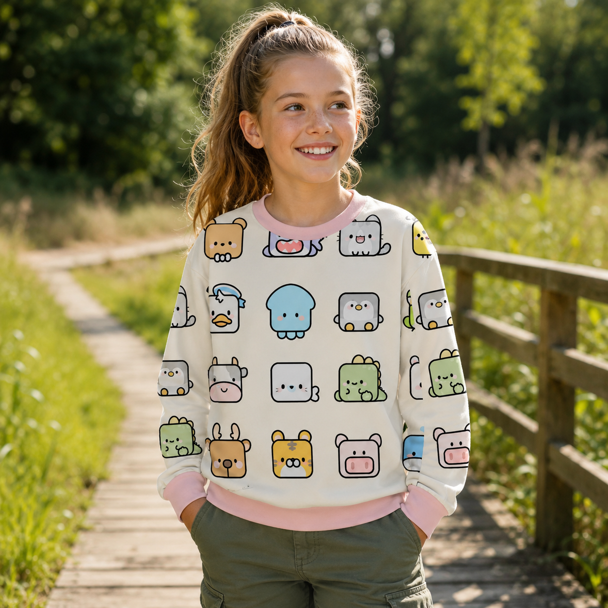 Tiny Animal Faces Kawaii Grid Kids All-over Printed Sweatshirt