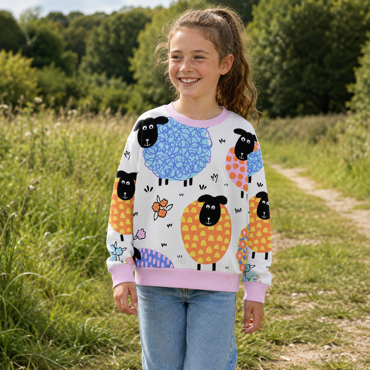 Colorful Sheep Flock Pattern Kids All-over Printed Sweatshirt