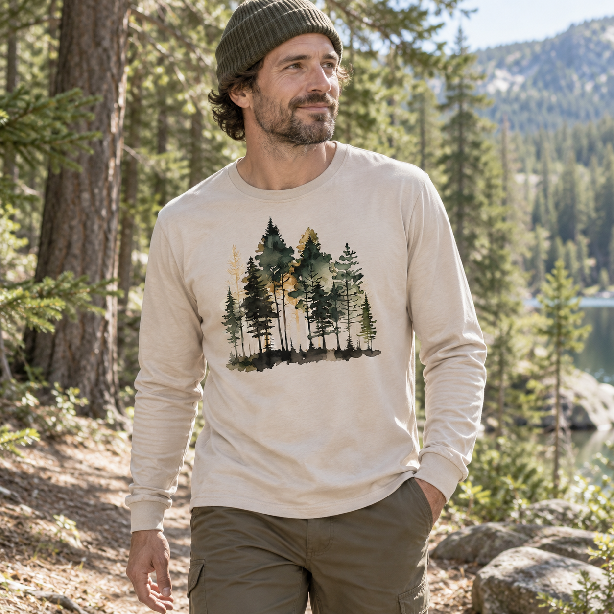 Watercolor Pine Forest Landscape Long Sleeve T-Shirt